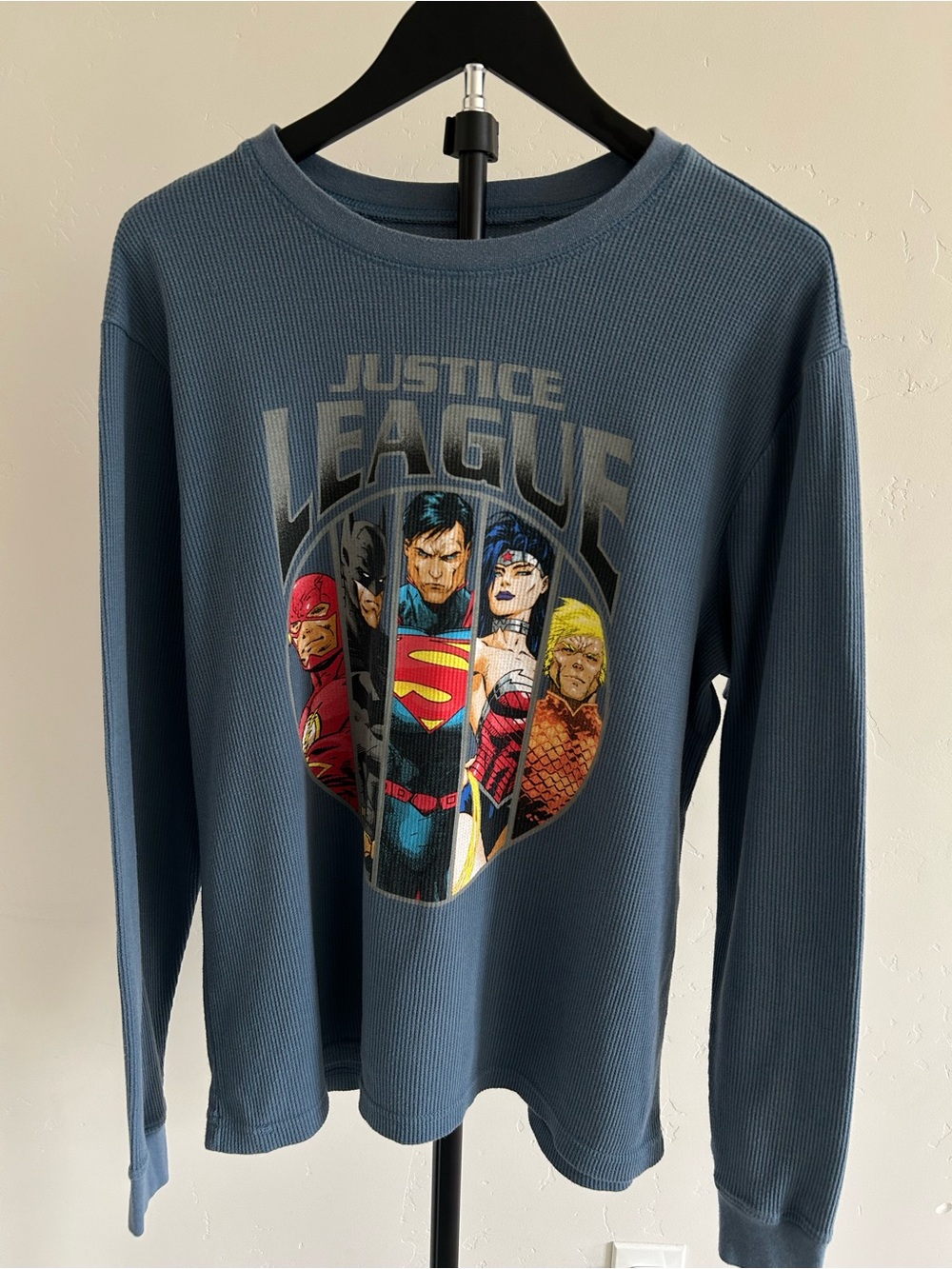 Justice League DC Comics Blue Waffle Knit Thermal Long Sleeve Shirt L